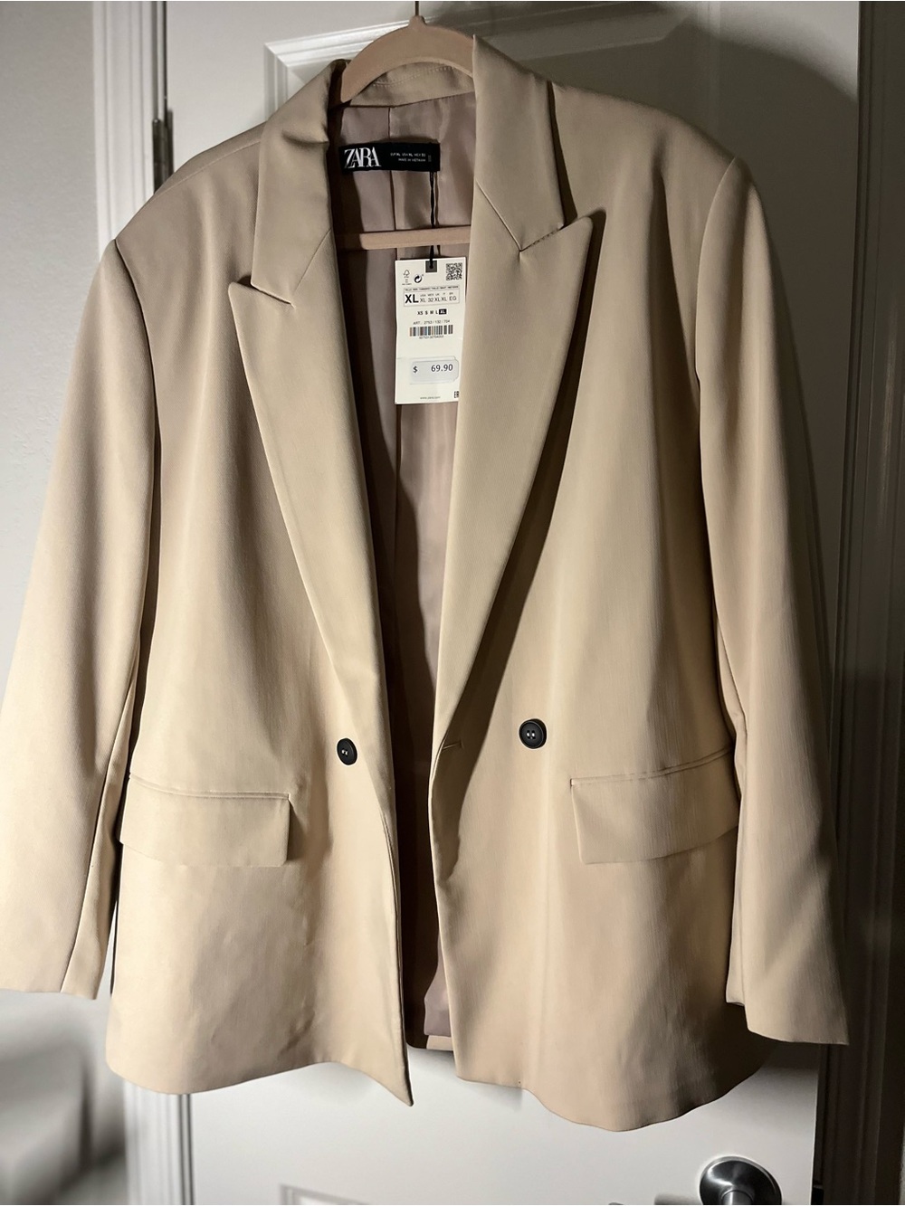 Zara Beige Double-Breasted Oversized Blazer